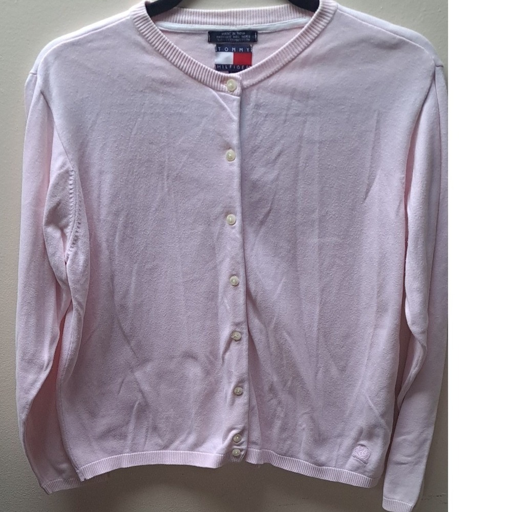 Tommy Hilfiger Womens Pink 100% Cotton Button Front Crew Neck Cardigan Large